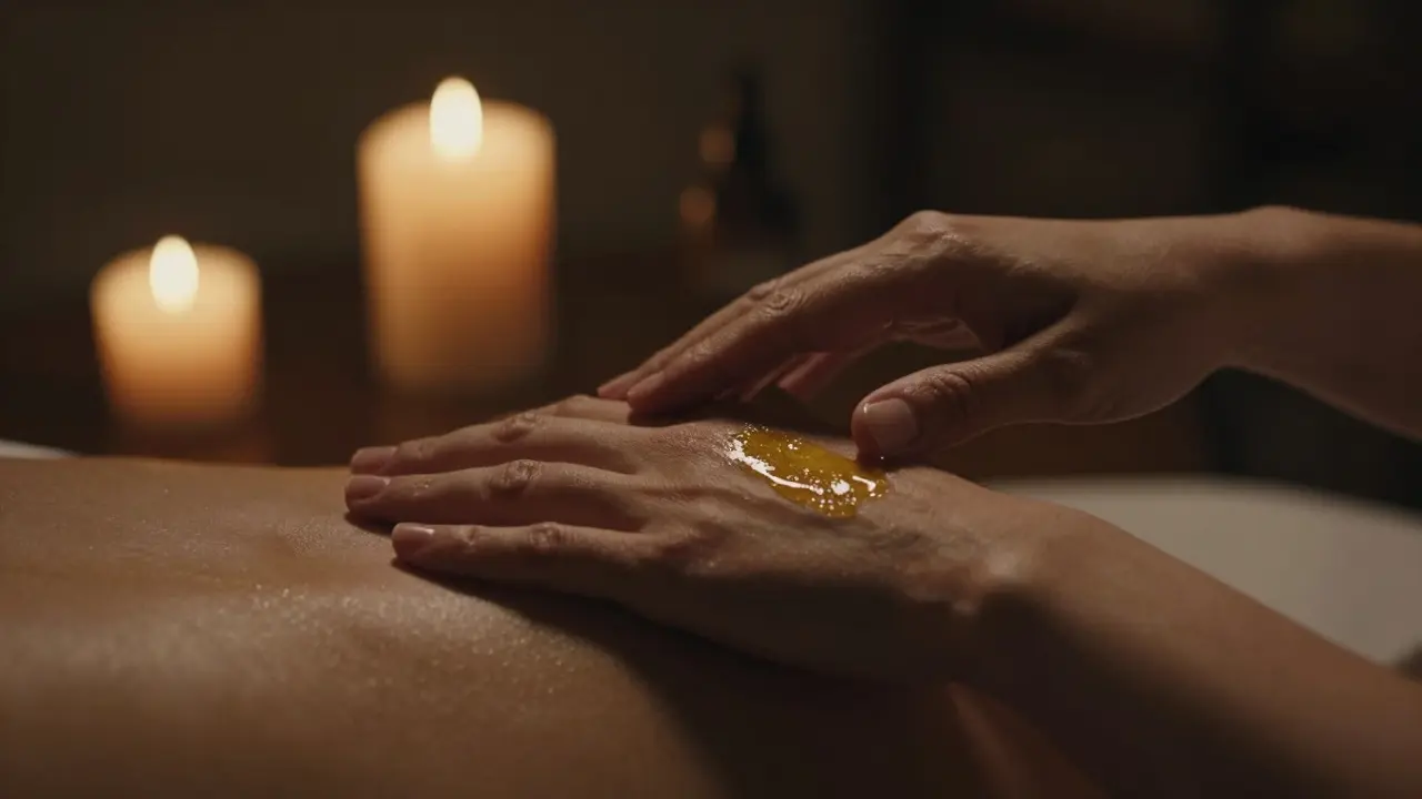 Zwei Hände bei einer sanften Massage mit goldenem CBD-Öl in stimmungsvollem Licht.