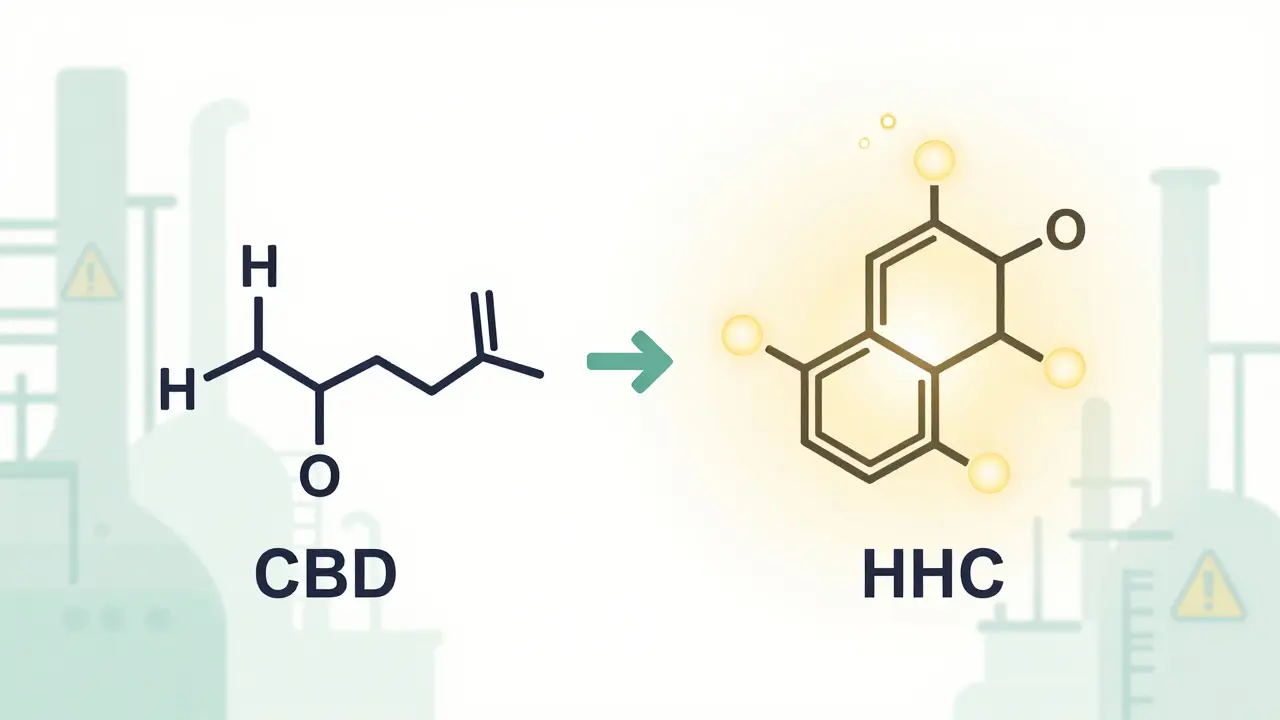 Abstrakte Darstellung der chemischen HHC-Synthese und Verunreinigungen