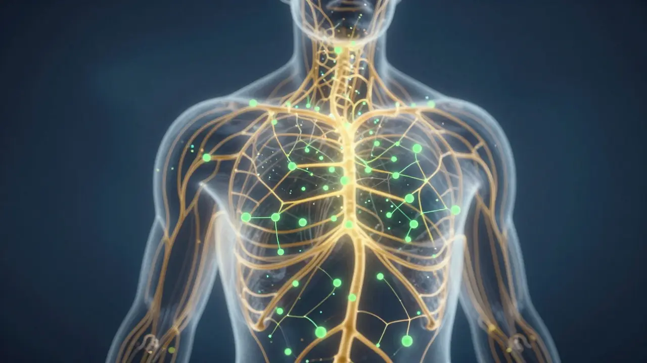 Abstrakte Illustration des Endocannabinoid-Systems mit interagierenden CBD-Partikeln