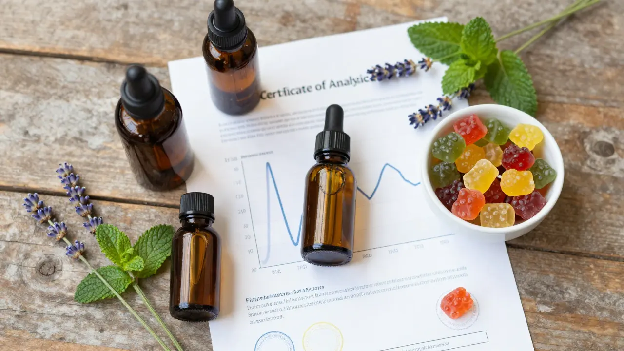 CBD-Produkte und Laborzertifikat auf rustikalem Holztisch