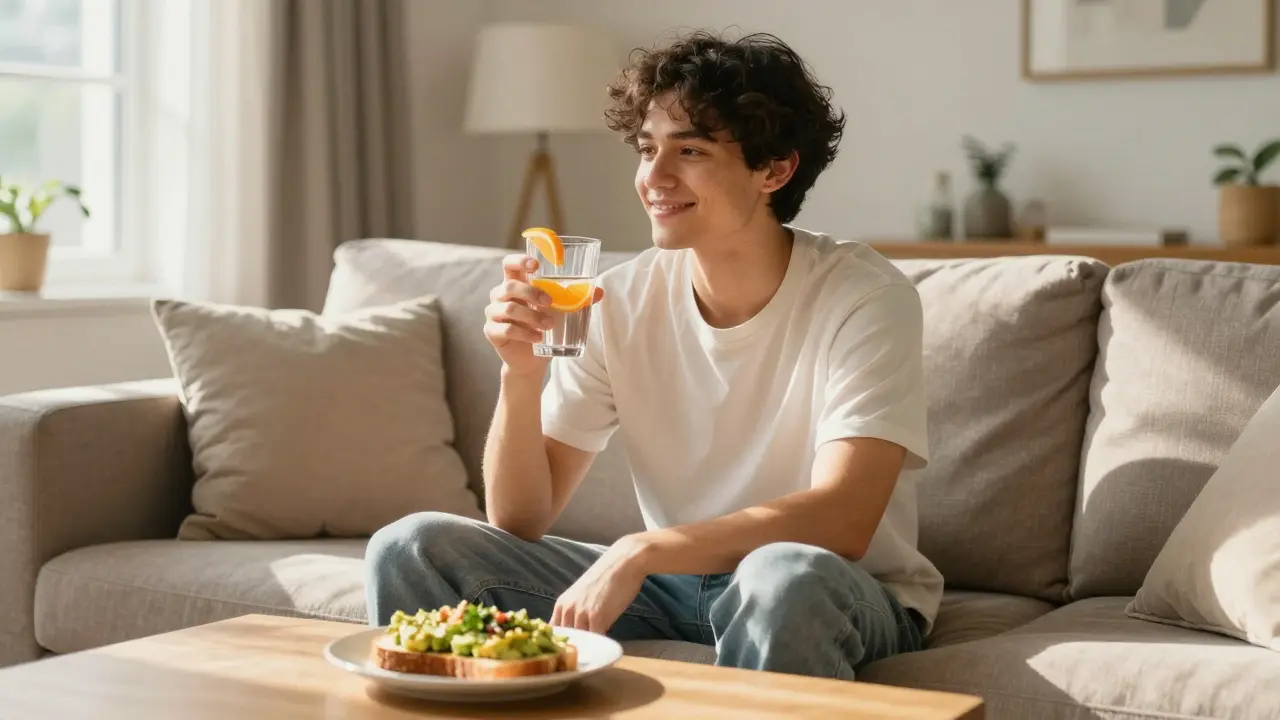 Entspannte Person auf dem Sofa mit Orangenscheibe und Wasser