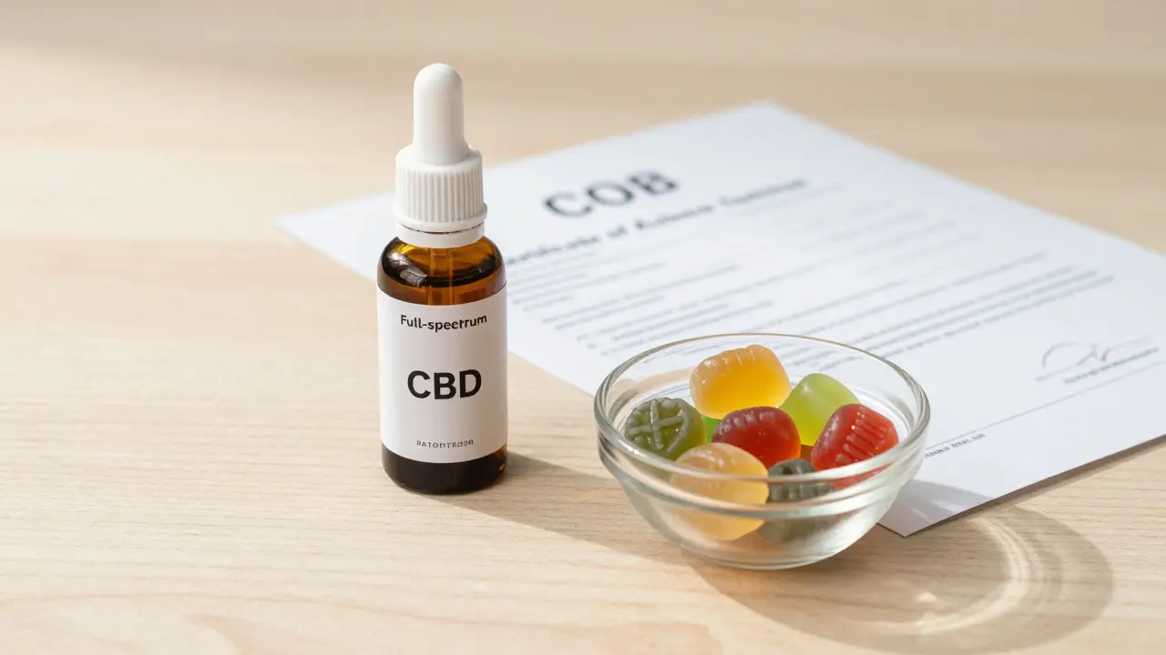 Hochwertige CBD-Produkte und Laborzertifikat auf Holztisch