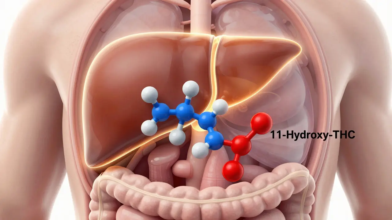 Illustration der Leberumwandlung von THC im Körper