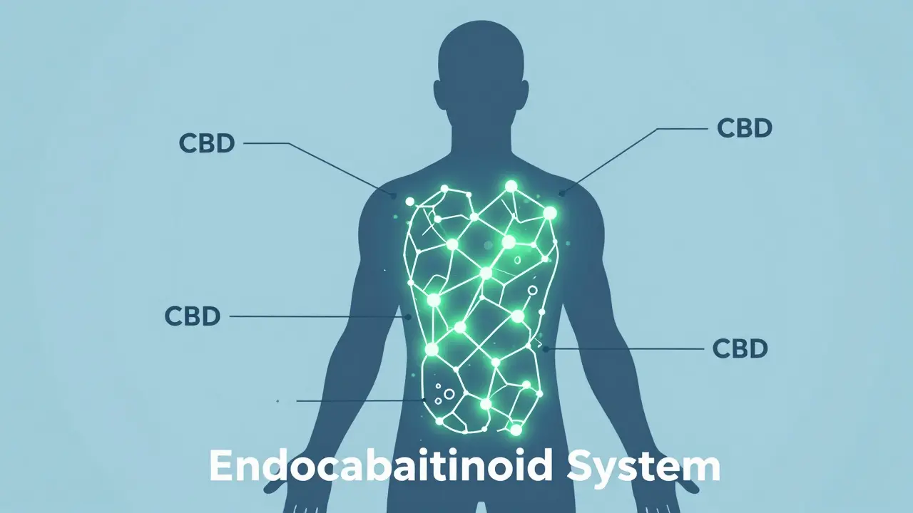 Illustration des Endocannabinoid-Systems mit CBD-Molekülen