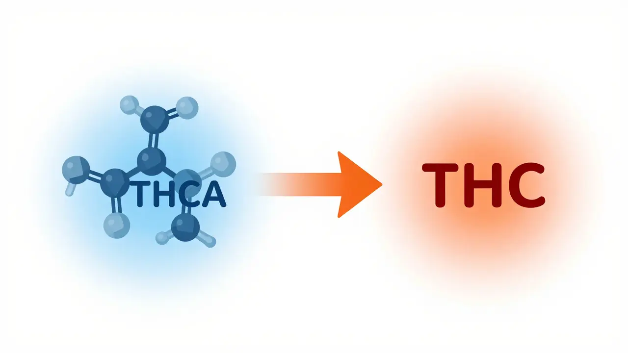 Konzeptillustration der chemischen Umwandlung von THCA zu THC durch Hitze