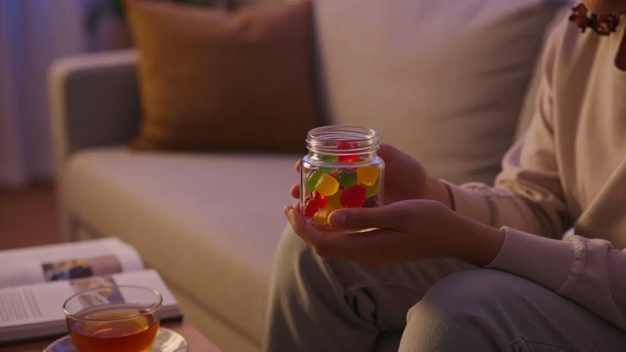 Person hält Gummibärchen-Dose im gemütlichen Wohnzimmer