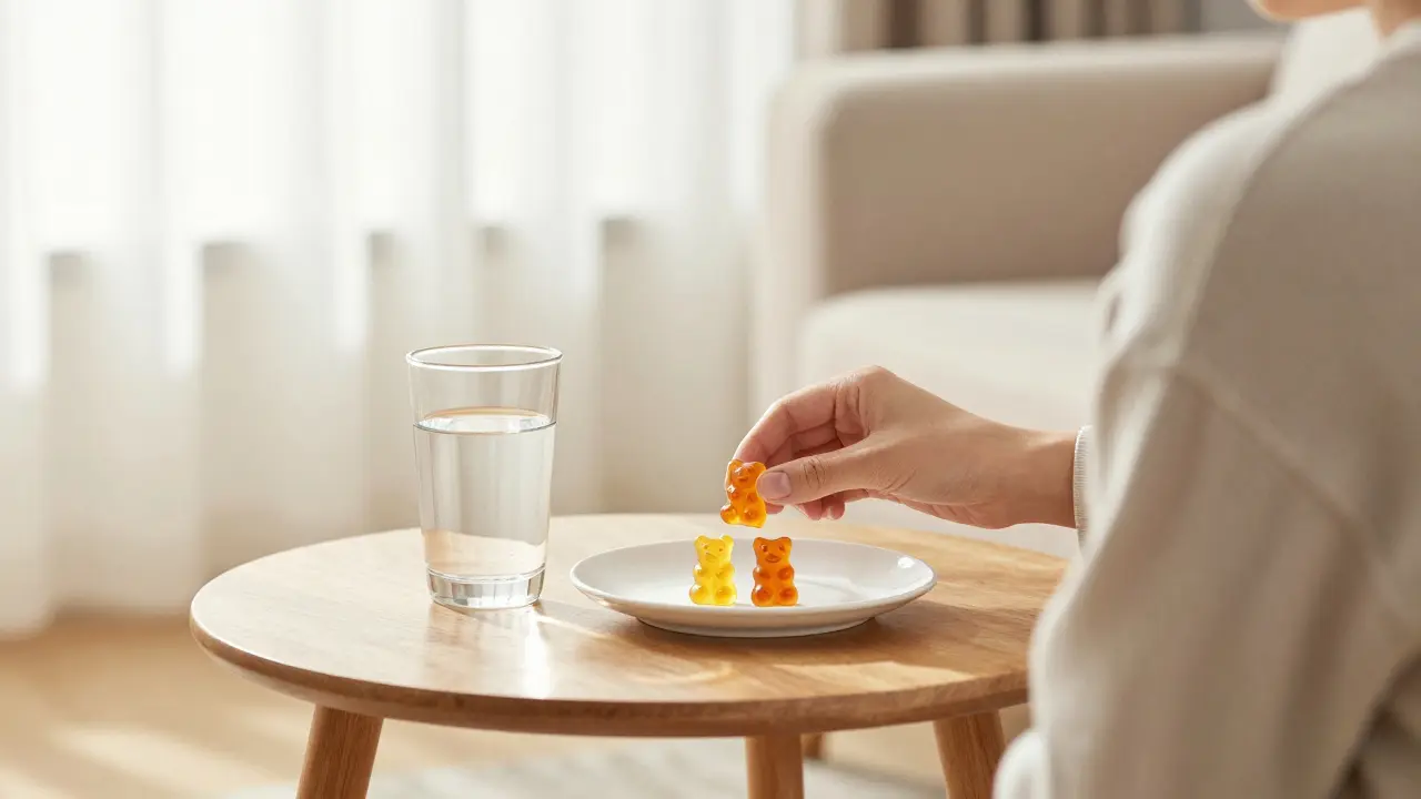 Person mit geteiltem Gummy und Wasser für sichere Dosierung