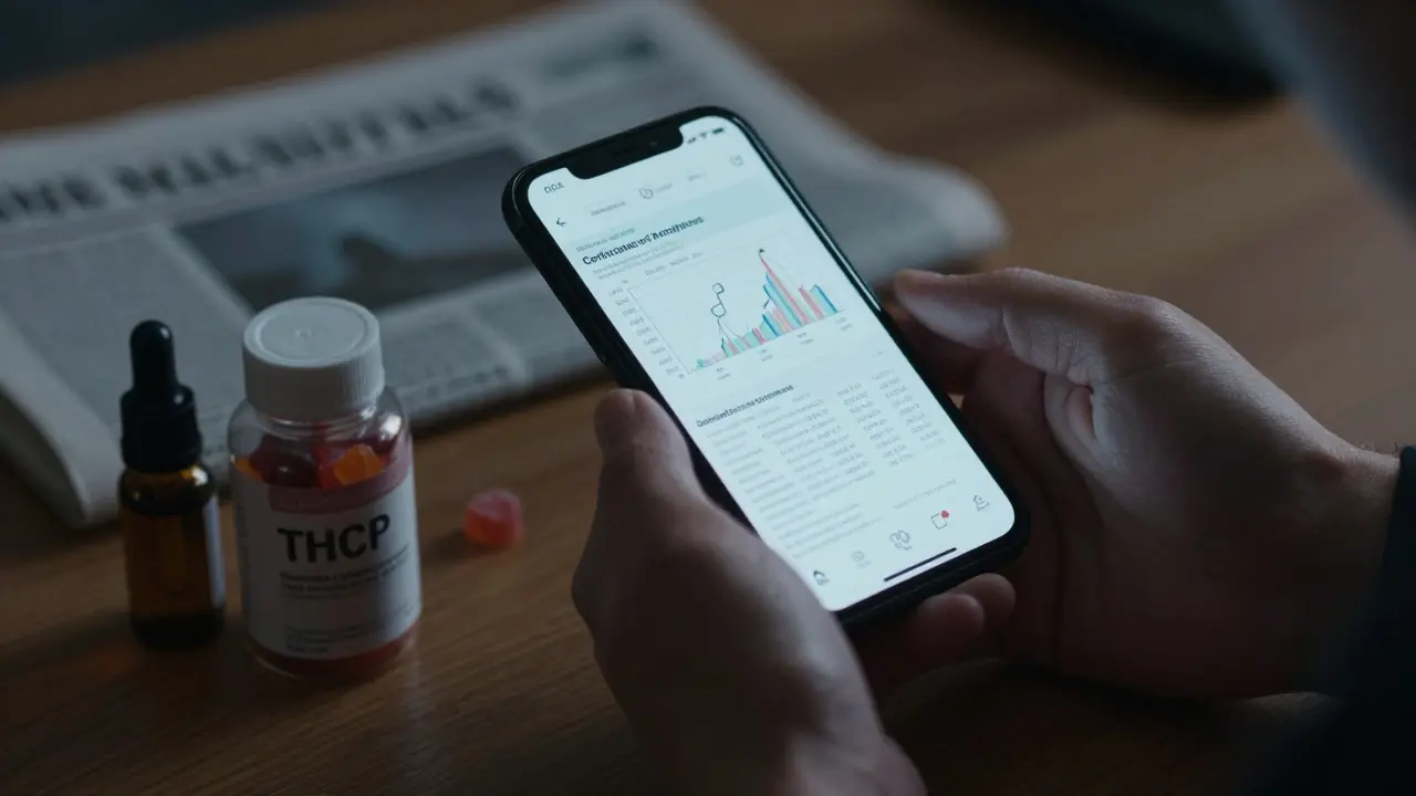Person prüft Labortests auf dem Smartphone neben THCP-Produkten