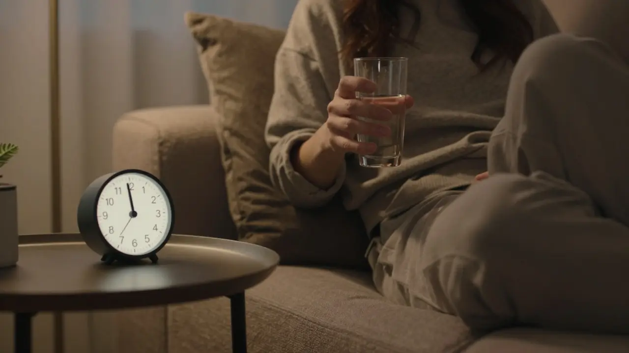 Person ruht sich entspannt mit Wasser und Timer aus, Symbol für sichere Anwendung