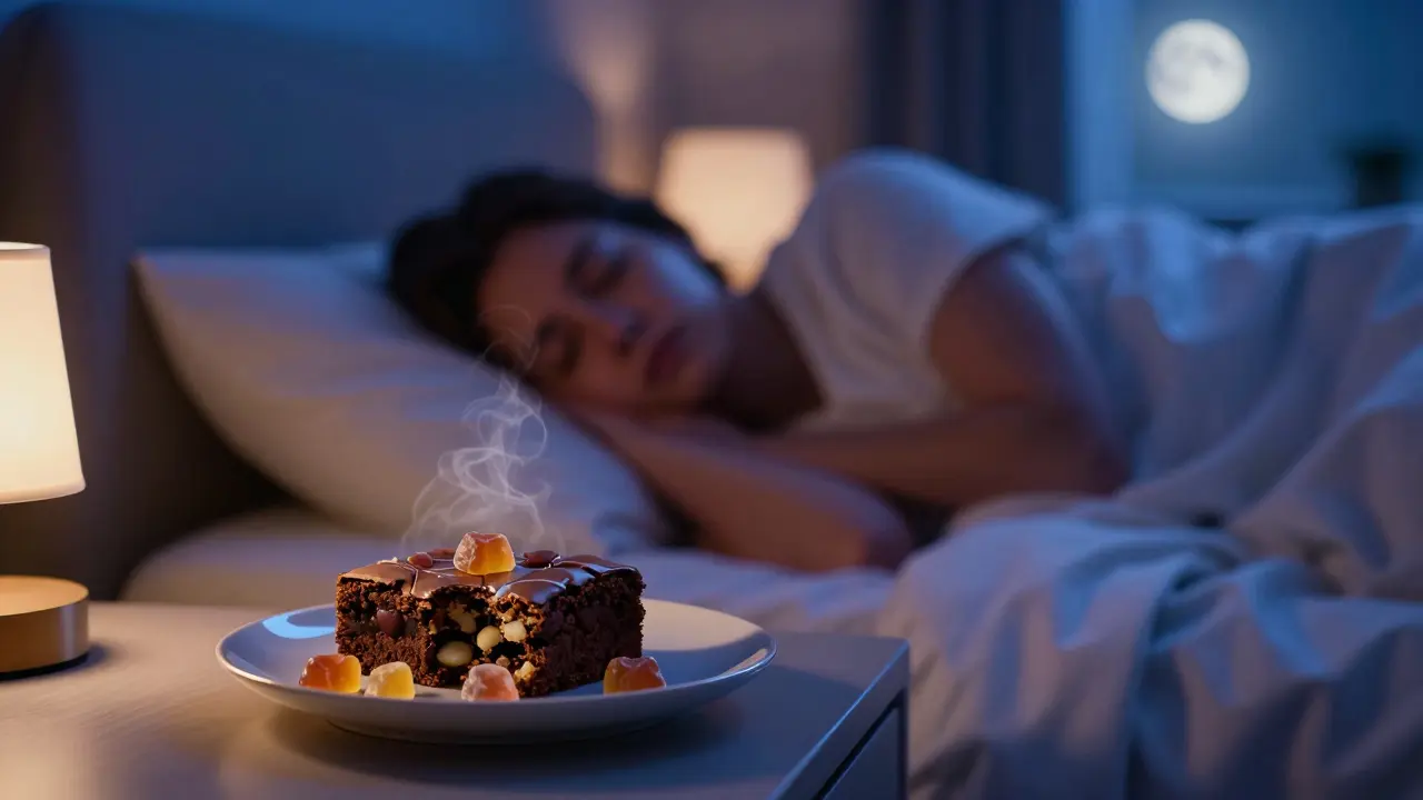 Person schläft neben einem Cannabis-Brownie mit dunkler Nachtatmosphäre
