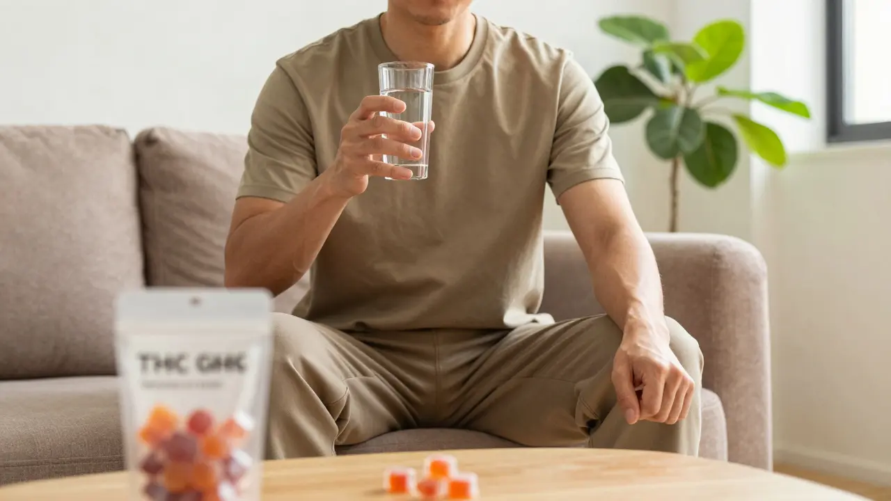 Person trinkt Wasser und bewegt sich leicht als Sicherheitstipp bei THC-Konsum