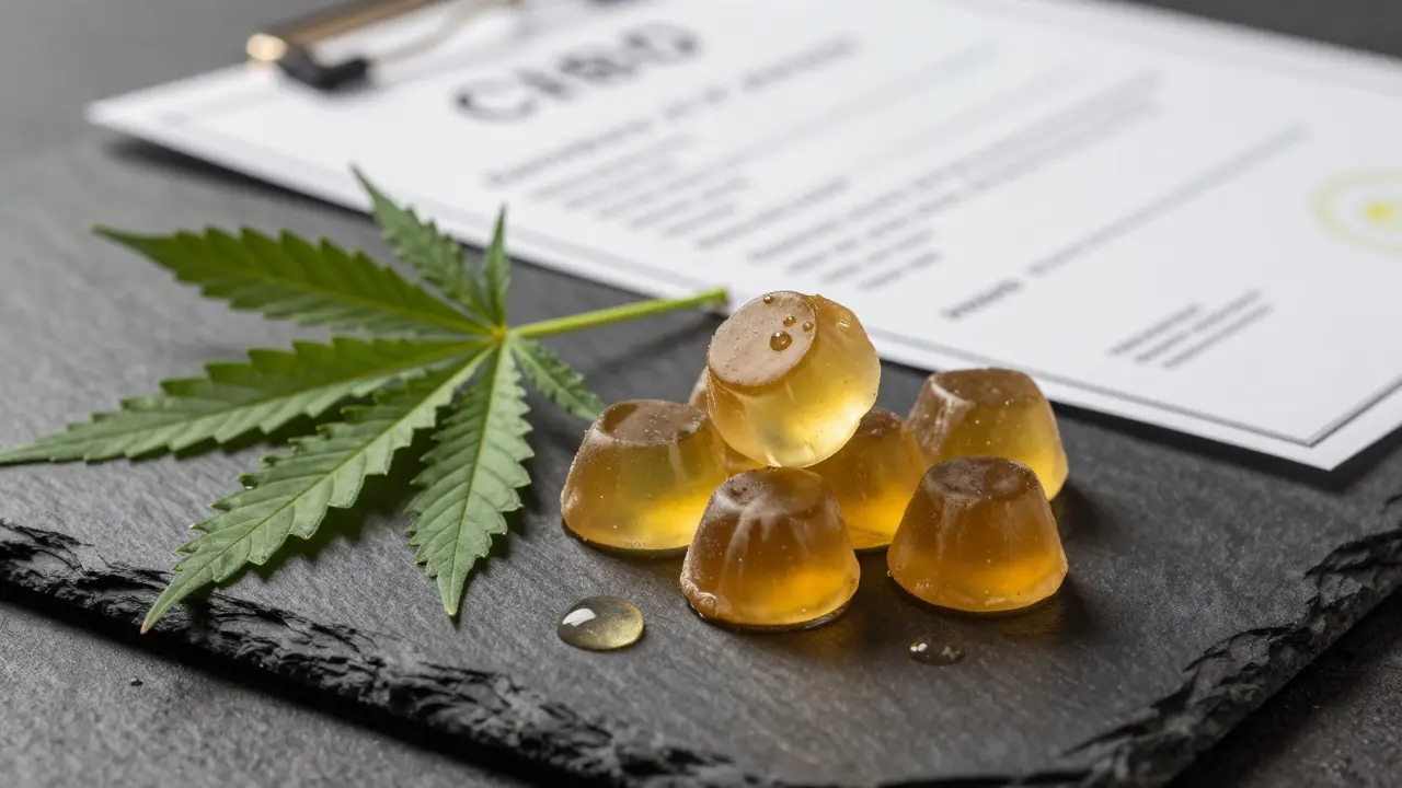 Premium CBD-Gummis mit Hanfblättern und Öltröpfchen auf Stein