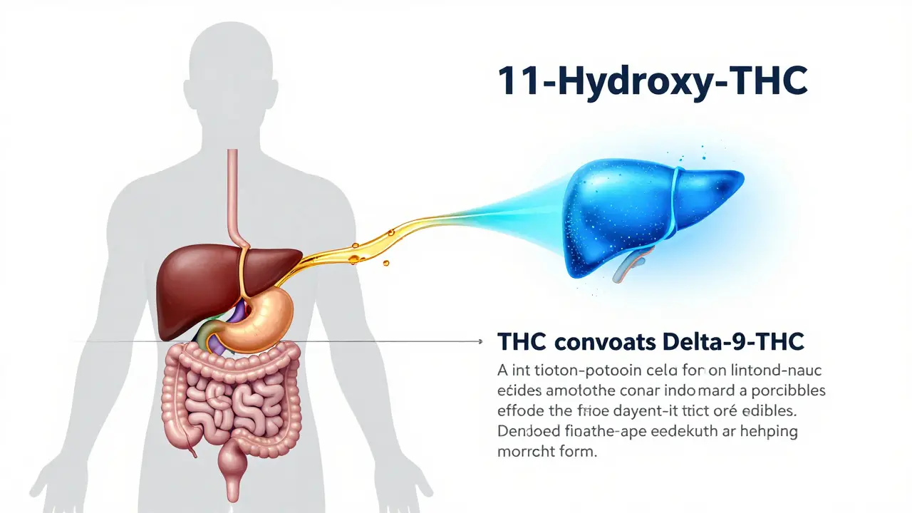 Schematische Darstellung der Leberumwandlung von THC in 11-Hydroxy-THC