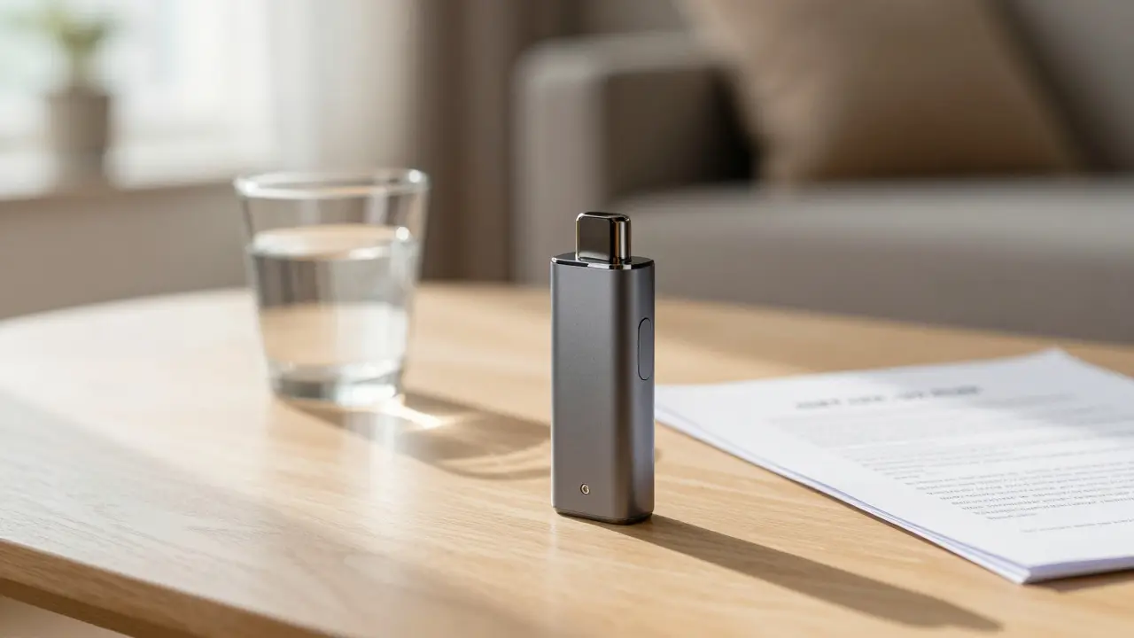 Vape-Gerät auf Tisch als Symbol für sicheren Konsum