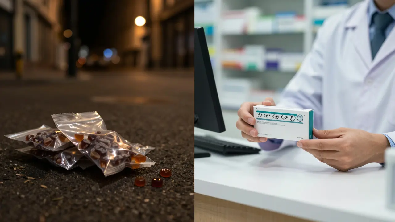 Vergleich von illegalem Schwarzmarkt und legaler medizinischer Apotheke