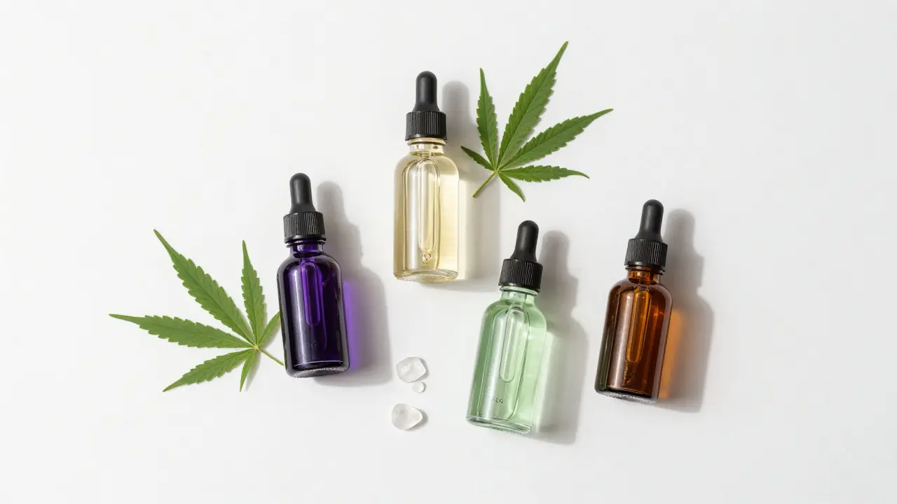 Verschiedene Cannabinoid-Tinkturen in Glaskolben auf weißem Hintergrund