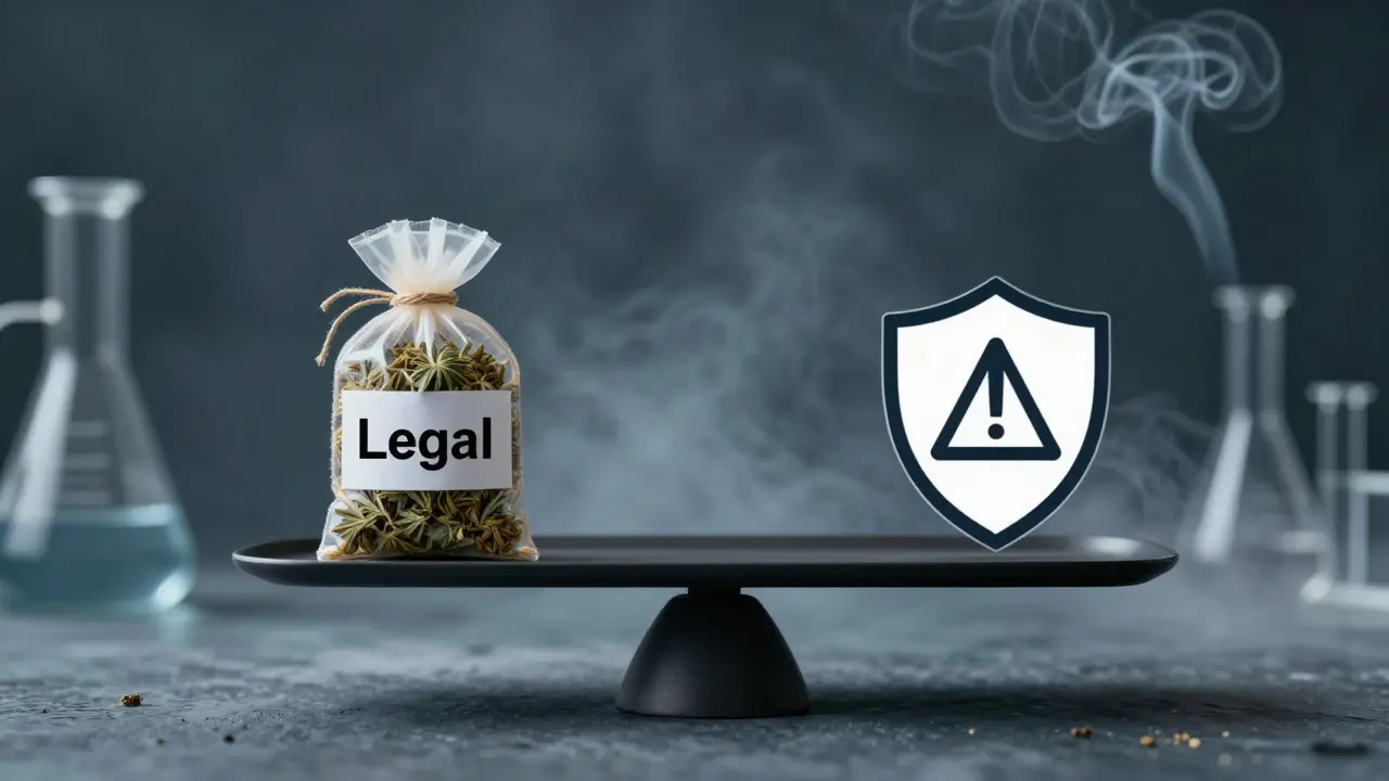Waage mit Symbolen für Legalität und Sicherheit