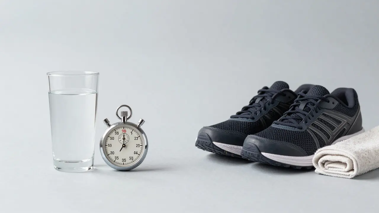 Wasser, Stoppuhr und Sportausrüstung symbolisieren natürliche Entgiftungsmethoden