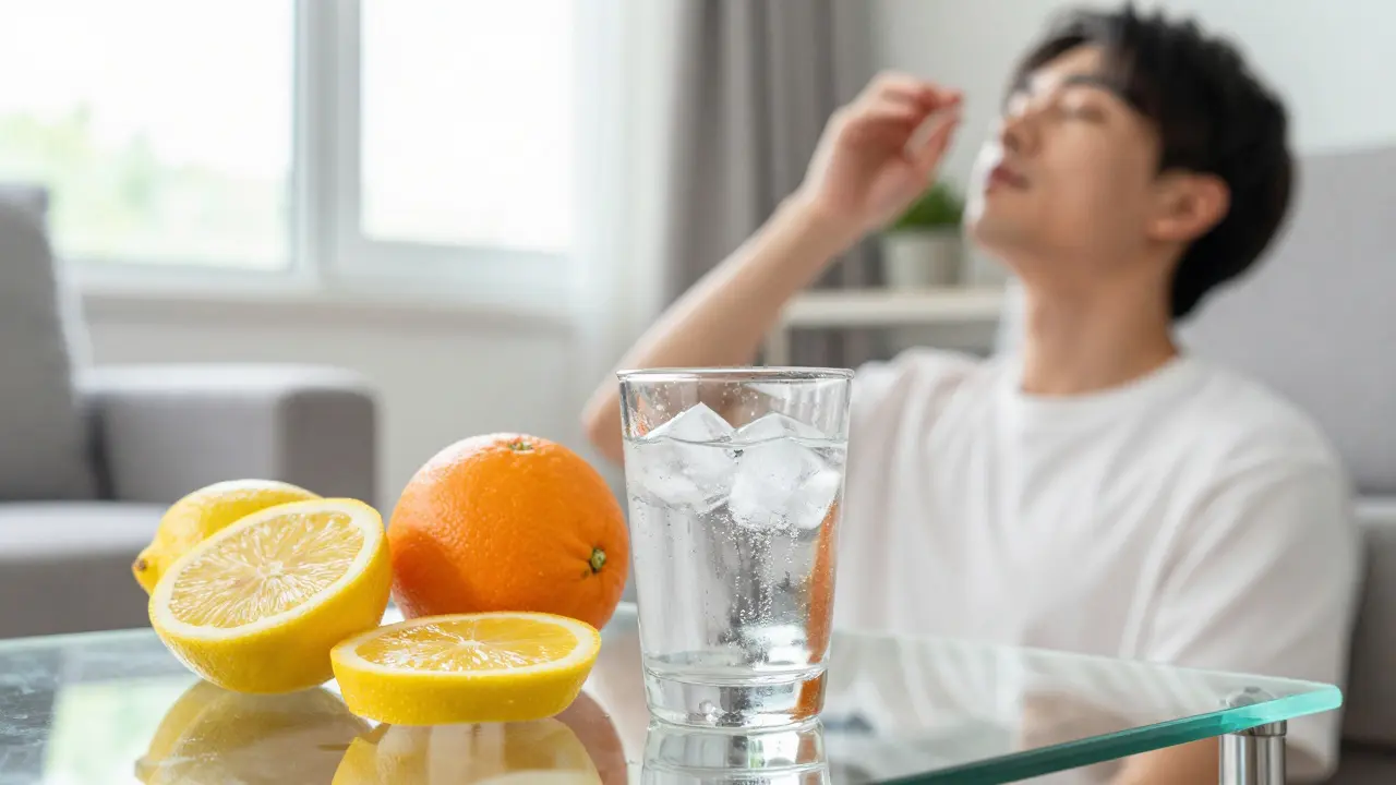 Zitrusfrüchte und Wasser auf dem Tisch als natürliche Linderungsmittel