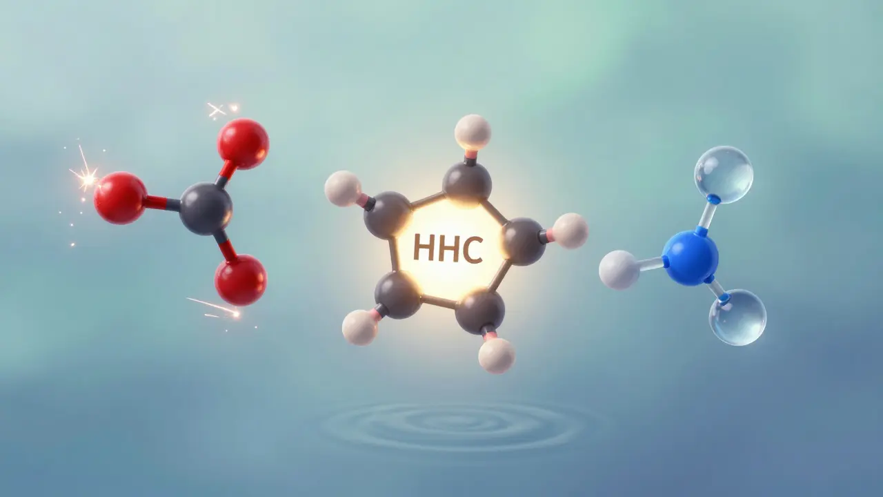 Abstrakte 3D-Darstellung der Molekülstrukturen von HHC, THC und CBD im Vergleich