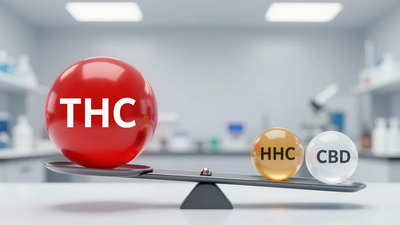 Abstrakte Darstellung der Wirkstärke-Vergleich zwischen THC und HHC im Laborstil.