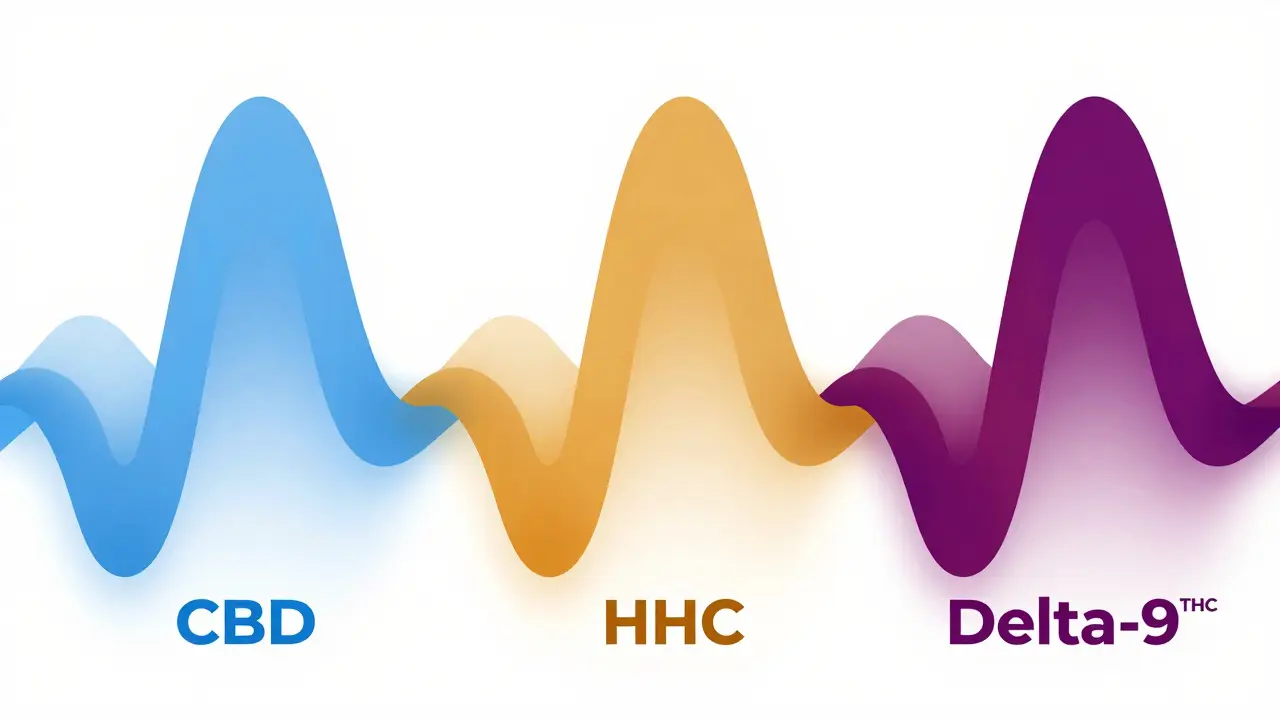 Abstrakter Vergleich der Wirkstärke von CBD, HHC und THC als Wellen