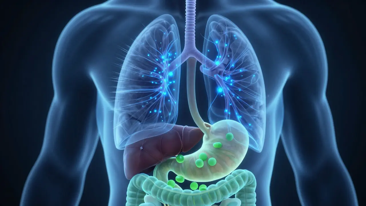 Anatomische Darstellung der unterschiedlichen Aufnahmewege von CBD über Lunge und Verdauung