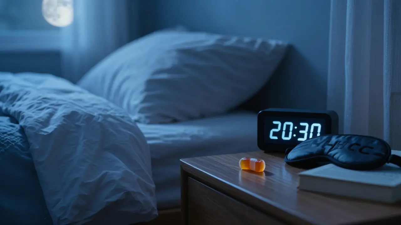 Bedroom nightstand with gummy and clock showing 20:30 for sleep prep