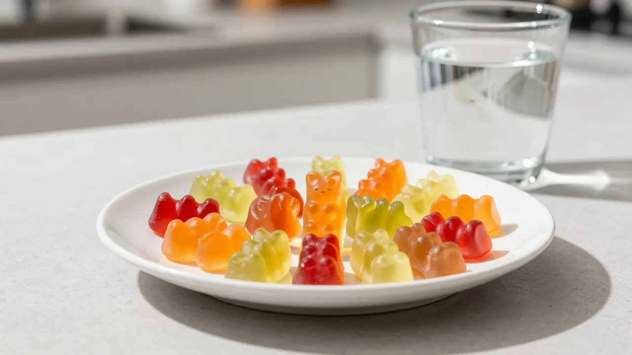 Bunte HHC-Gummibärchen auf einem weißen Teller bei natürlichem Licht, diskrete Einnahme.
