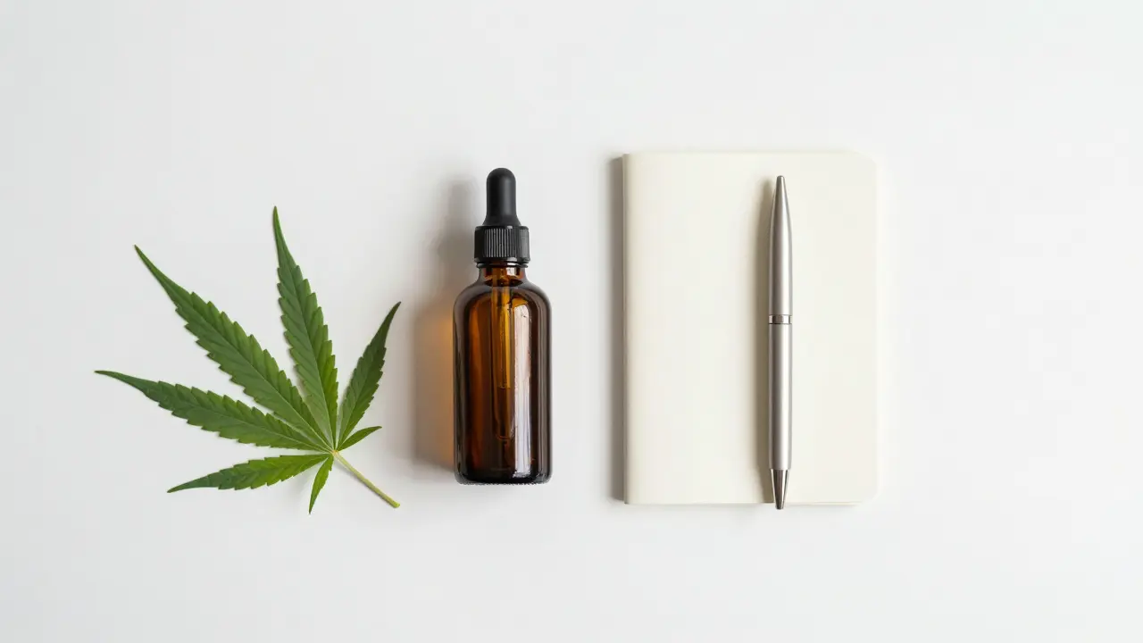 CBD-Flasche, Notizbuch und Hanfpflanze auf weißem Tisch