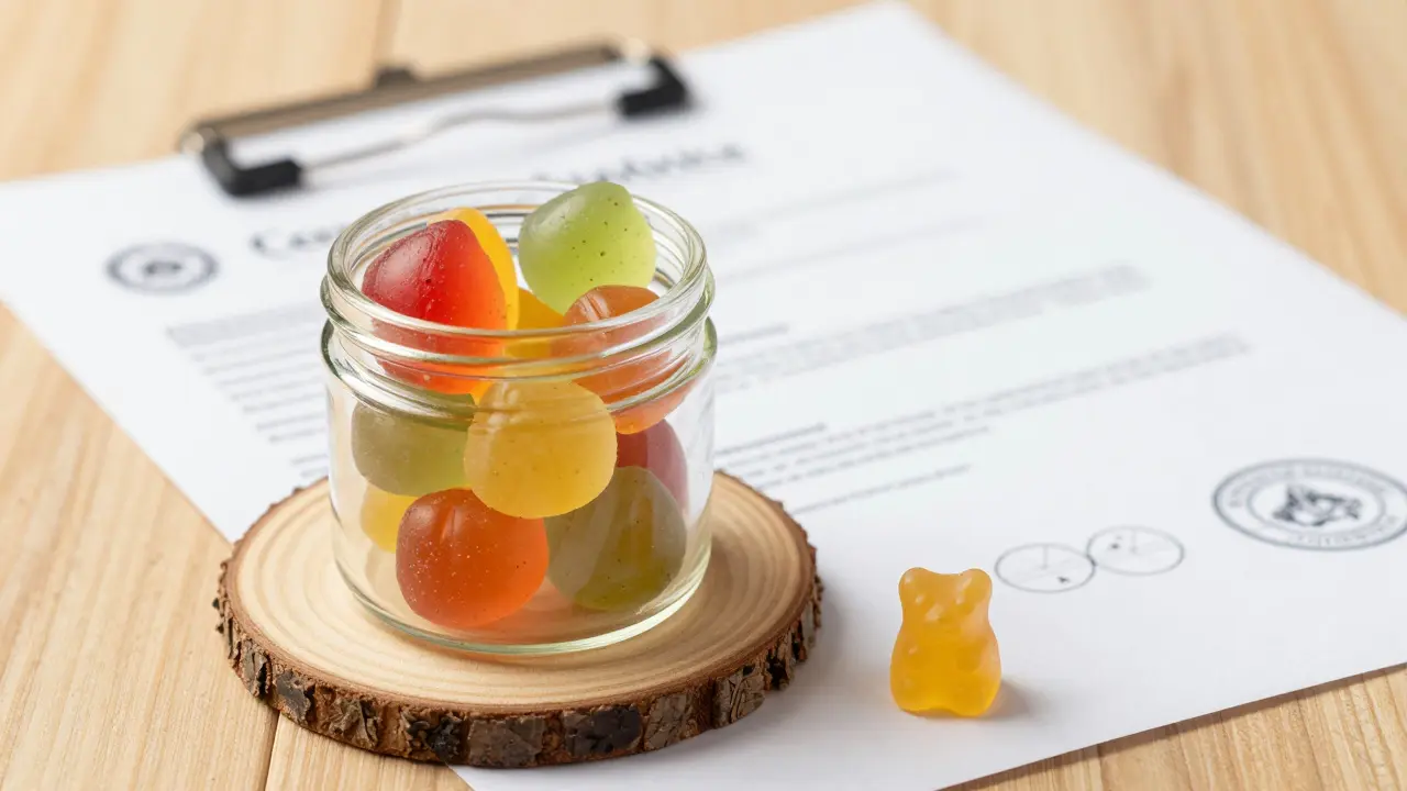 CBD-Gummibärchen im Glas neben Labortest-Zertifikat für Qualität