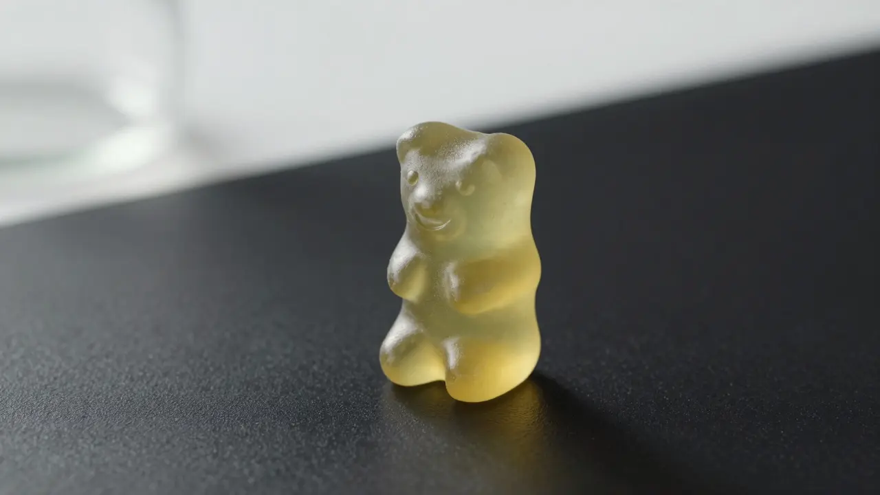 Ein einzelner fruchtiger Gummibär auf schwarzem Untergrund mit labormäßiger Ästhetik