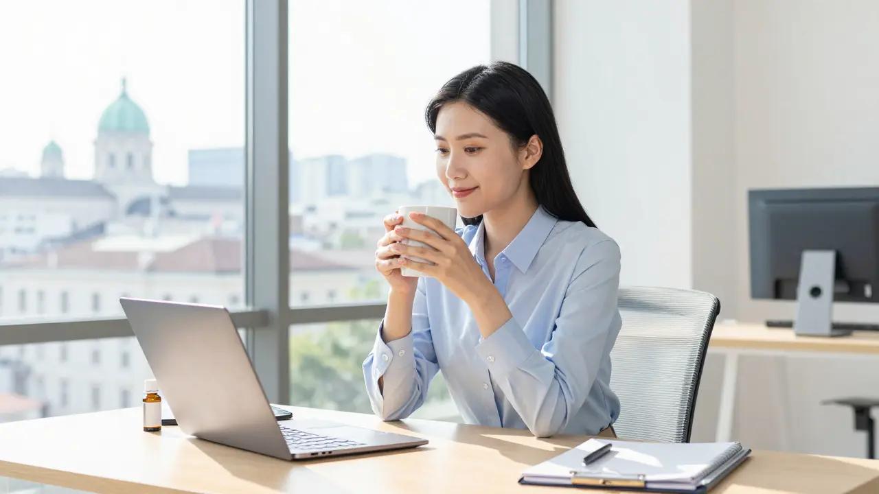 Entspannte Frau mit Kaffeetasse und CBD-Flasche am modernen Arbeitsplatz