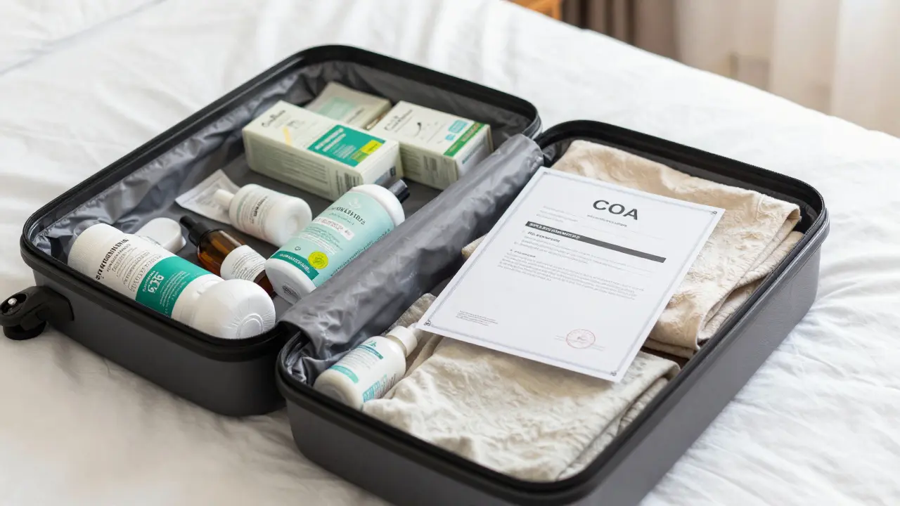 Geöffnetes Koffer mit CBD-Produkten und Laborzertifikat für sichere Reise