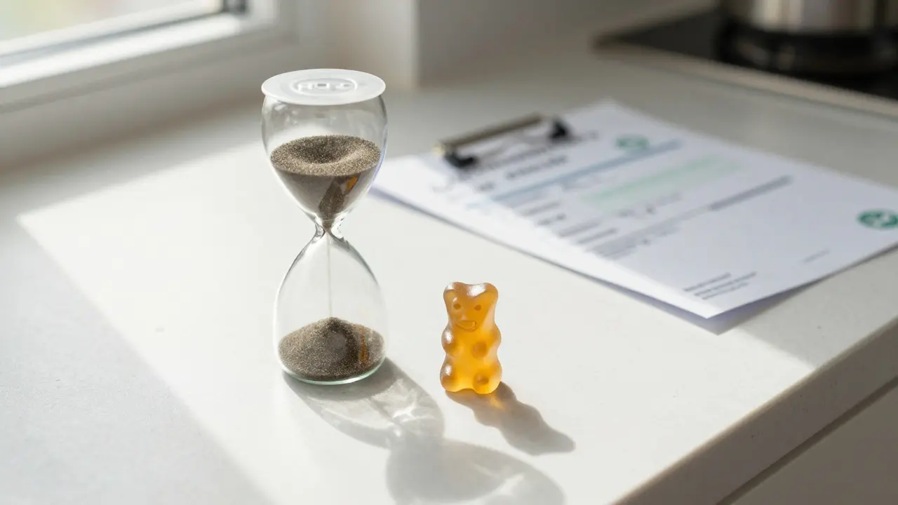 Gummibärchen neben Sanduhr und Labortest-Zertifikat auf Küchentisch