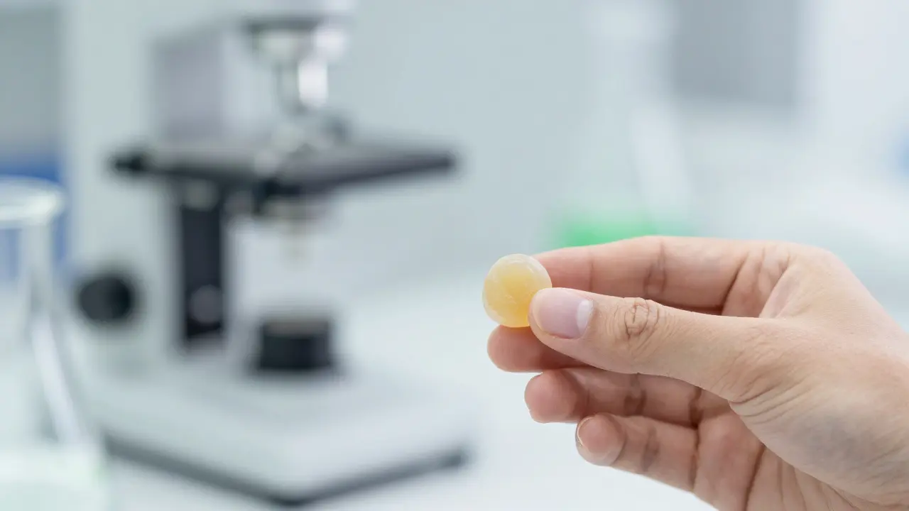 Hand hält Cannabinoid-Produkt vor Laborthintergrund