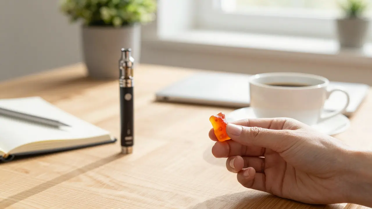 Hand hält einen CBD-Gummi am Schreibtisch, im Hintergrund ein Vape-Pen als Alltagsvergleich
