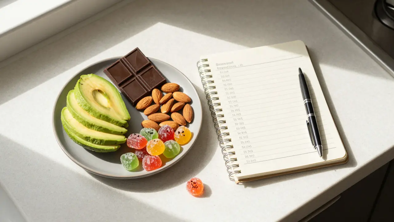 Kitchen counter with gummy, nuts, avocado, and journal for tracking