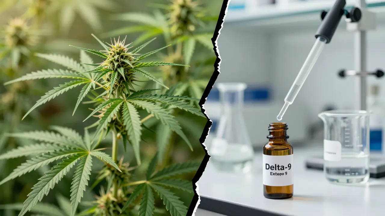 Kontrast zwischen Hanfpflanze und Labor-Synthese von Cannabinoiden