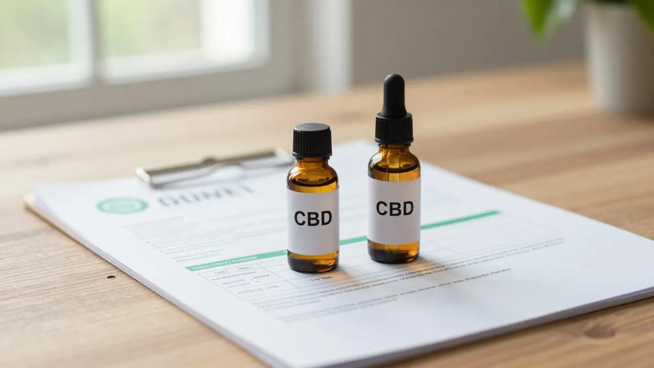 Legales CBD-Öl mit Labortest-Zertifikat auf einem Tisch