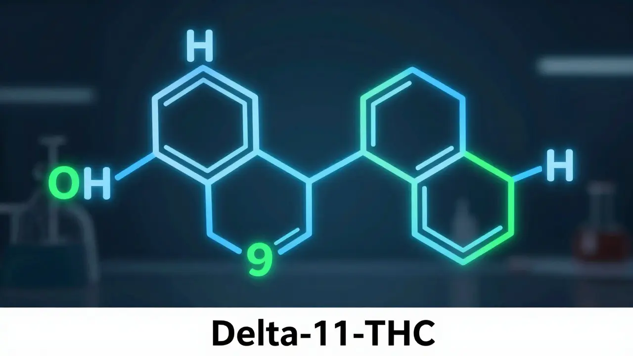 Molekularstruktur-Vergleich von Delta-11 und Delta-9 THC im Neon-Stil