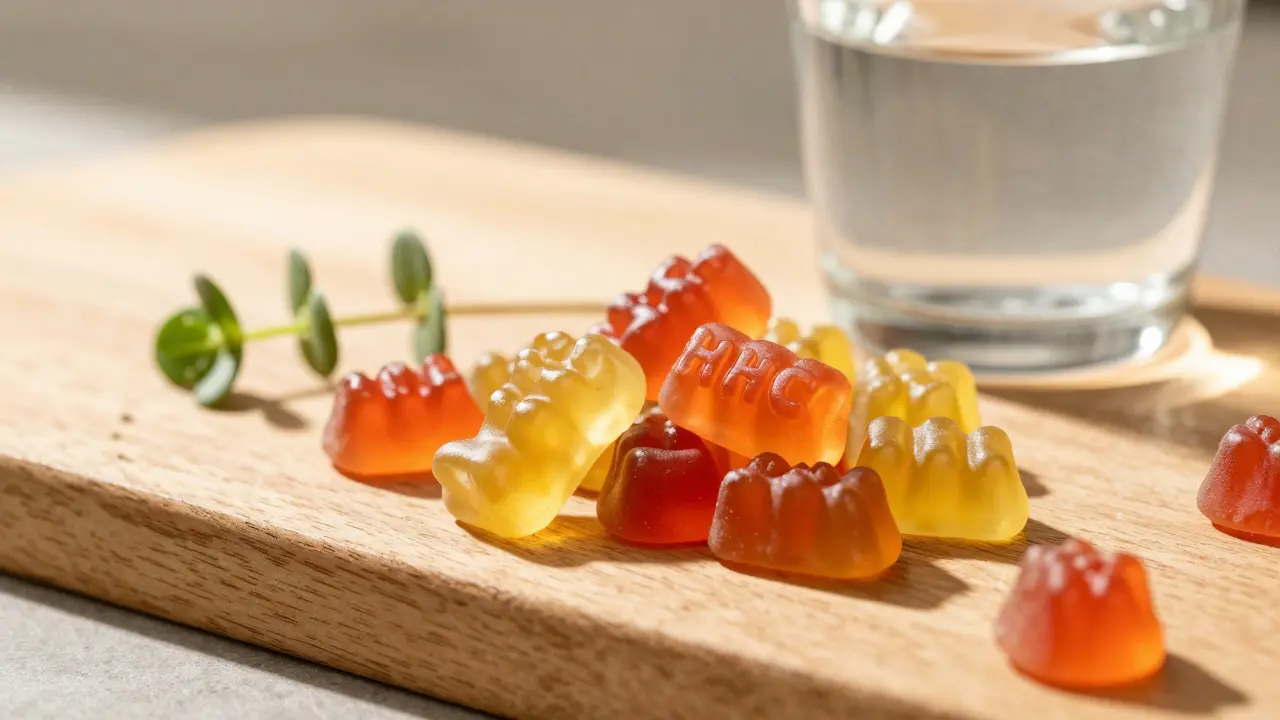 Nahaufnahme von bunten HHC-Gummibärchen bei natürlichem Licht