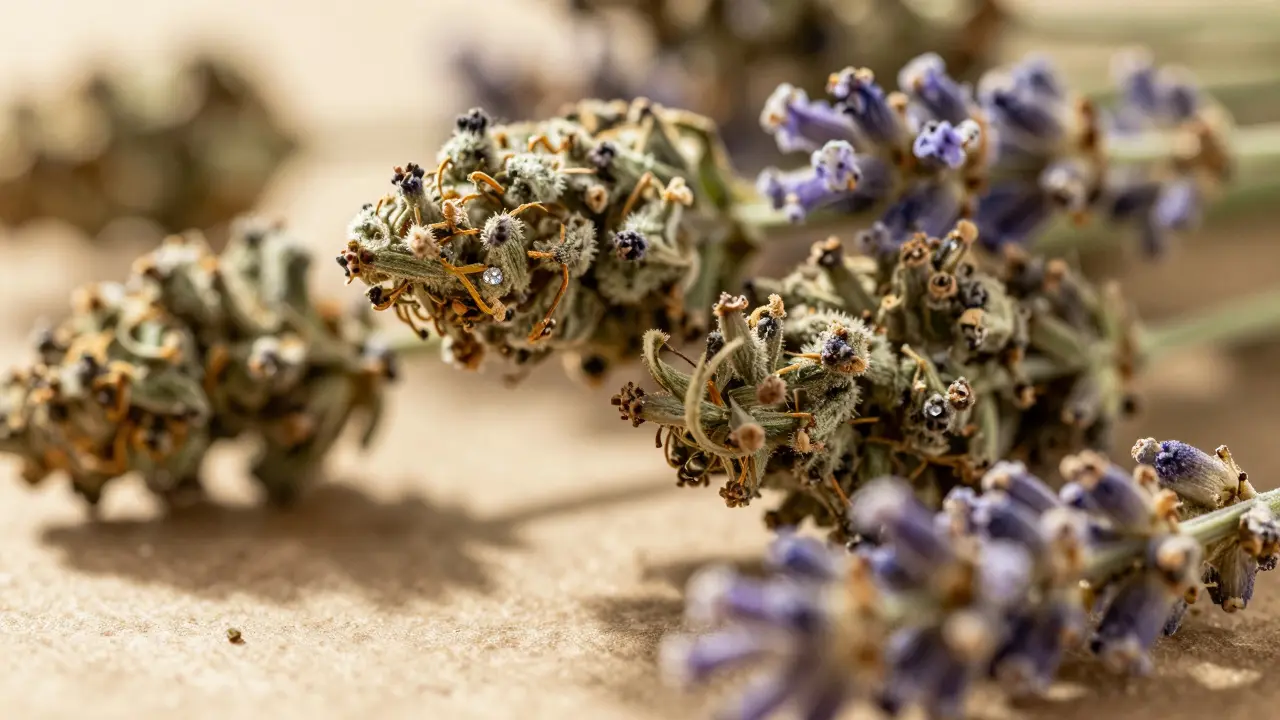 Nahaufnahme von Hanfblüten und Lavendel bei warmem Licht