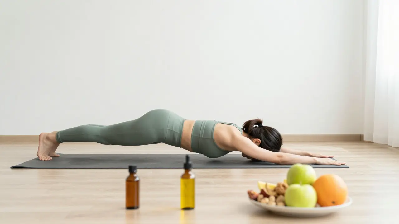 Person beim Yoga mit gesunden Snacks im Vordergrund
