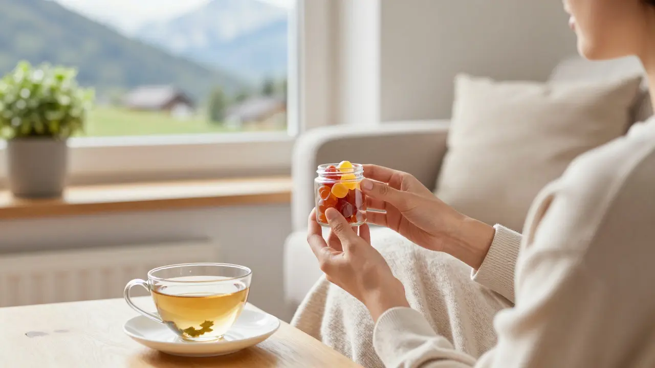 Person entspannt sich zu Hause mit CBD-Gummis