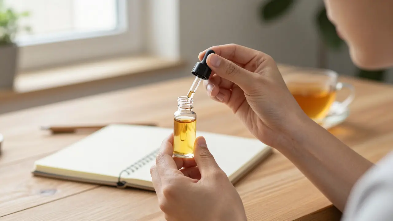 Person nimmt ruhig CBD-Öl aus einer Pipette zu Hause ein