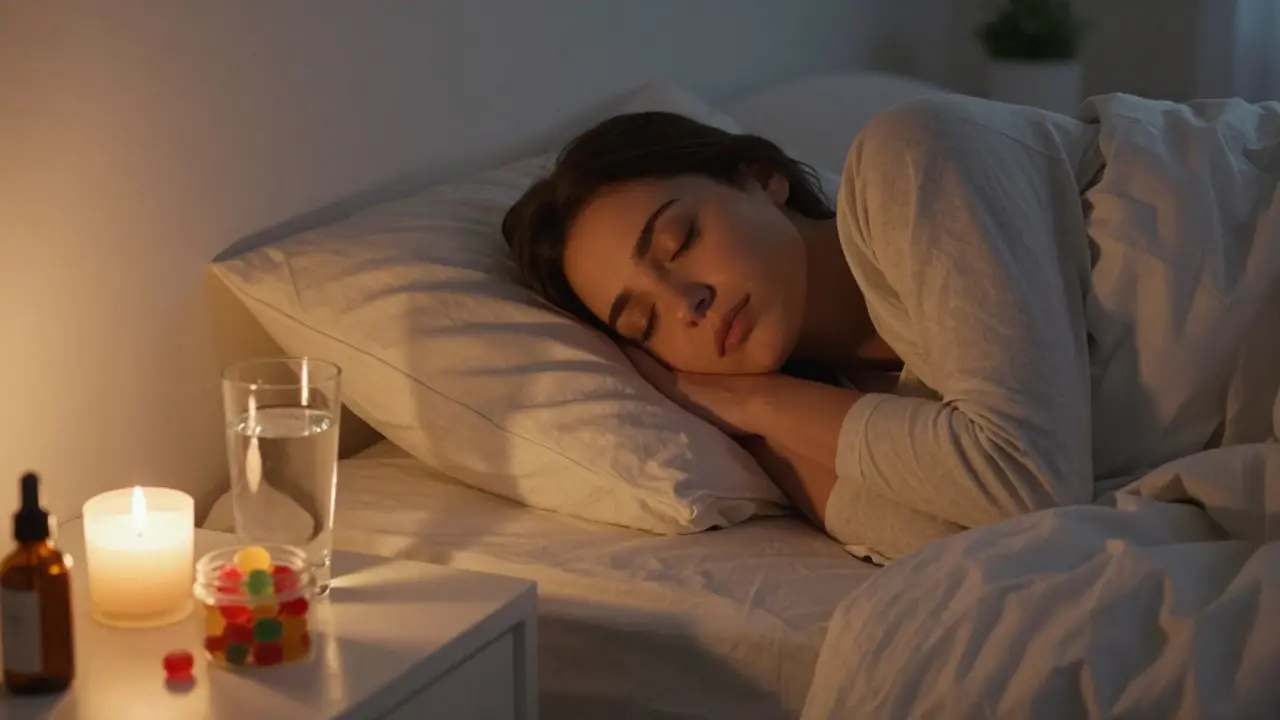 Schlafendes Kind im ruhigen Schlafzimmer mit CBD-Gummis am Nachttisch