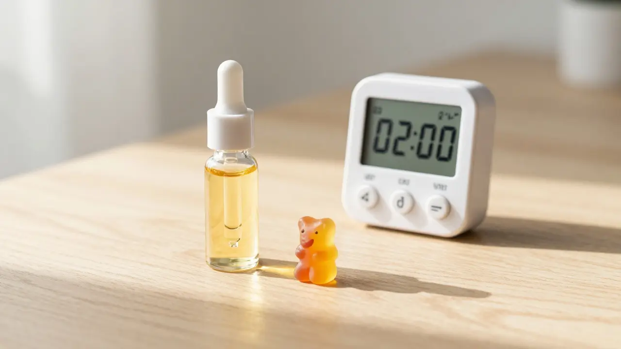THCP-Ölflasche und Gummibärchen neben einem Timer zur Dosierungskontrolle