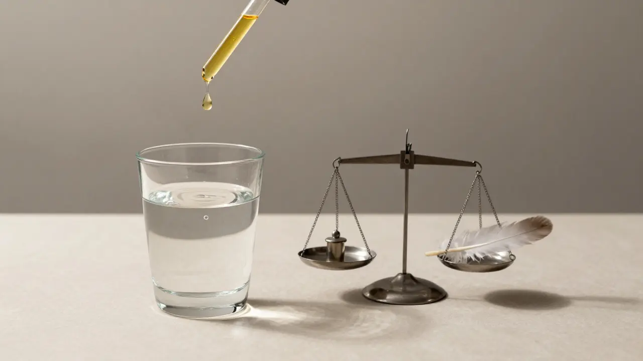 Tropfen CBD-Öl über Wasser, Symbol für Dosierung und Balance