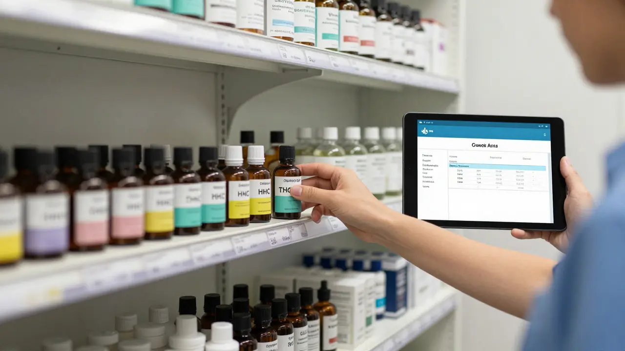 Verbraucher wählt Cannabinoid-Produkt in einer modernen Dispensary